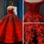 Luxury / Gorgeous Red Black Satin Dancing Prom Dresses 2023 Ball Gown Off-The-Shoulder Short Sleeve Backless Appliques Lace Beading Pearl Floor-Length / Long