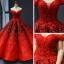 Luxury / Gorgeous Red Black Satin Dancing Prom Dresses 2023 Ball Gown Off-The-Shoulder Short Sleeve Backless Appliques Lace Beading Pearl Floor-Length / Long