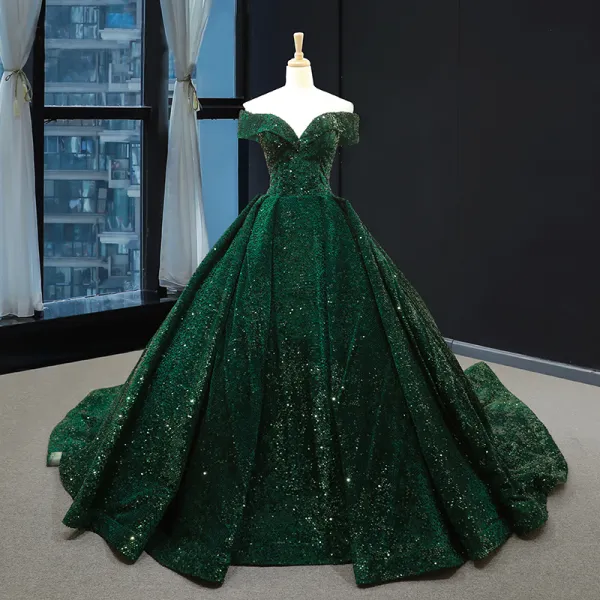 Sparkly Dark Green Sequins Red Carpet Evening Dresses  2023 A-Line / Princess Off-The-Shoulder Short Sleeve Chapel Train Backless Formal Dresses