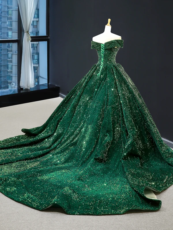 Glitzernden Dunkelgrün Pailletten Roter Teppich Abendkleider 2023 A Linie Off Shoulder Kurze Ärmel Kapelle-Schleppe Rückenfreies Festliche Kleider