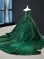 Glitzernden Dunkelgrün Pailletten Roter Teppich Abendkleider 2023 A Linie Off Shoulder Kurze Ärmel Kapelle-Schleppe Rückenfreies Festliche Kleider