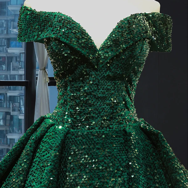 Glitzernden Dunkelgrün Pailletten Roter Teppich Abendkleider 2023 A Linie Off Shoulder Kurze Ärmel Kapelle-Schleppe Rückenfreies Festliche Kleider