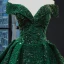Glitzernden Dunkelgrün Pailletten Roter Teppich Abendkleider 2023 A Linie Off Shoulder Kurze Ärmel Kapelle-Schleppe Rückenfreies Festliche Kleider