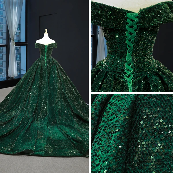 Glitzernden Dunkelgrün Pailletten Roter Teppich Abendkleider 2023 A Linie Off Shoulder Kurze Ärmel Kapelle-Schleppe Rückenfreies Festliche Kleider