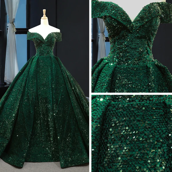 Glitzernden Dunkelgrün Pailletten Roter Teppich Abendkleider 2023 A Linie Off Shoulder Kurze Ärmel Kapelle-Schleppe Rückenfreies Festliche Kleider