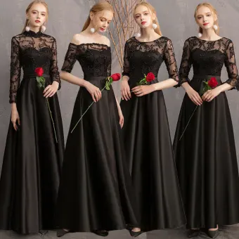 Abordable Noire Satin Transparentes Robe Demoiselle D Honneur 2019 Princesse Appliques En Dentelle Longue Volants Dos Nu Robe Pour Mariage