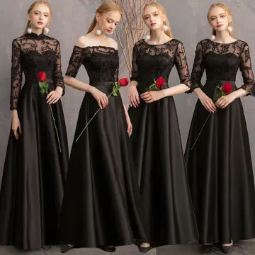 Abordable Noire Satin Transparentes Robe Demoiselle D Honneur 2019 Princesse Appliques En Dentelle Longue Volants Dos Nu Robe Pour Mariage