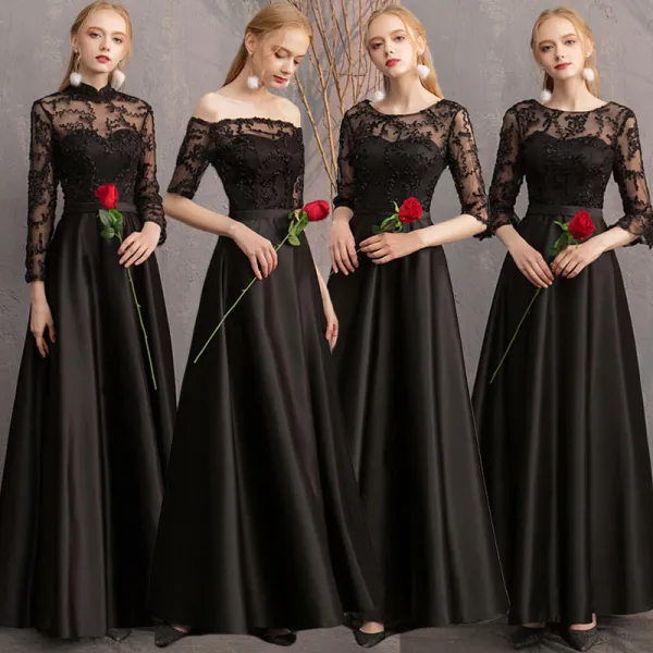 Asequible Negro Satén Transparentes Vestidos De Damas De Honor 2019 A-Line / Princess Apliques Con Encaje Largos Ruffle Sin Espalda Vestidos para bodas