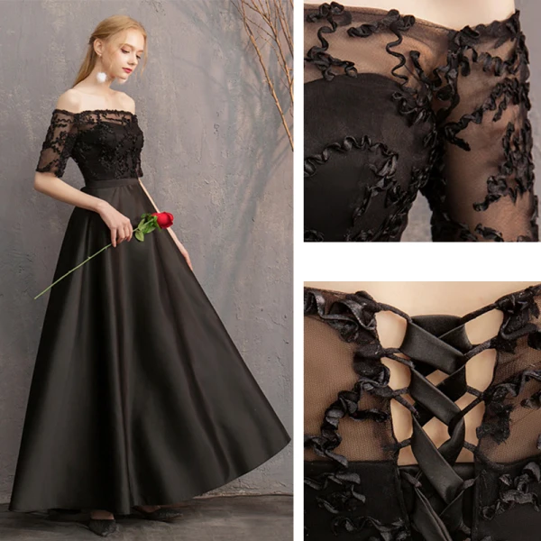 Abordable Noire Satin Transparentes Robe Demoiselle D'honneur 2019 Princesse Appliques En Dentelle Longue Volants Dos Nu Robe Pour Mariage