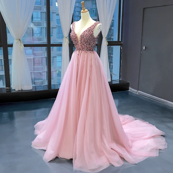 deep pink formal dress Sparkly Mermaid Deep V Neck Hot Pink Sequins Lace Long Prom Dresses with  Slit AB101101