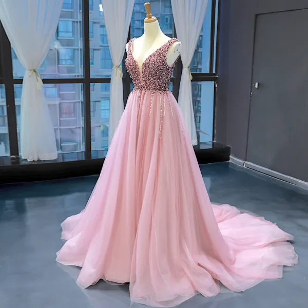 High-end Pearl Pink Evening Dresses  2023 A-Line / Princess Deep V-Neck Sleeveless Beading Chapel Train Ruffle Backless Formal Dresses