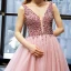 Haut de Gamme Perle Rose Robe De Soirée 2023 Princesse Col v profond Sans Manches Perlage Chapel Train Volants Dos Nu Robe De Ceremonie