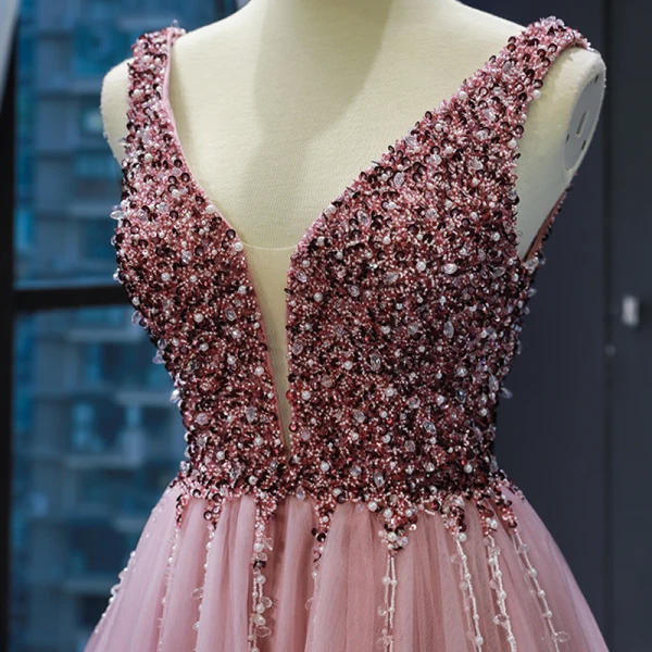 Haut de Gamme Perle Rose Robe De Soirée 2023 Princesse Col v profond Sans Manches Perlage Chapel Train Volants Dos Nu Robe De Ceremonie
