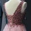 Haut de Gamme Perle Rose Robe De Soirée 2023 Princesse Col v profond Sans Manches Perlage Chapel Train Volants Dos Nu Robe De Ceremonie
