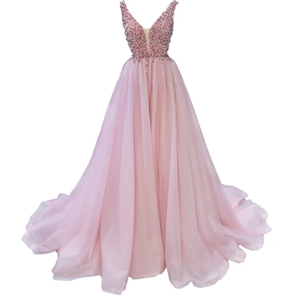 Haut de Gamme Perle Rose Robe De Soirée 2023 Princesse Col v profond Sans Manches Perlage Chapel Train Volants Dos Nu Robe De Ceremonie