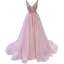 Haut de Gamme Perle Rose Robe De Soirée 2023 Princesse Col v profond Sans Manches Perlage Chapel Train Volants Dos Nu Robe De Ceremonie