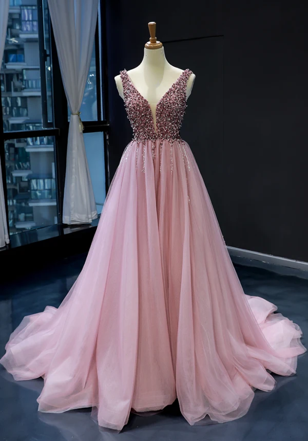 Haut de Gamme Perle Rose Robe De Soirée 2023 Princesse Col v profond Sans Manches Perlage Chapel Train Volants Dos Nu Robe De Ceremonie