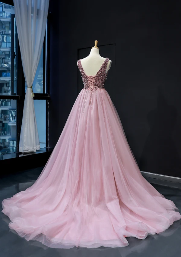 Haut de Gamme Perle Rose Robe De Soirée 2023 Princesse Col v profond Sans Manches Perlage Chapel Train Volants Dos Nu Robe De Ceremonie