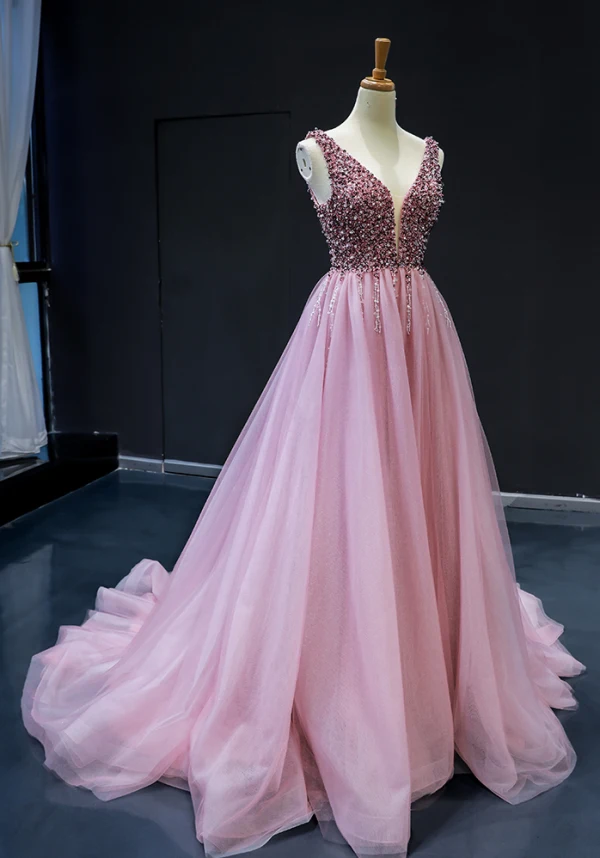 Haut de Gamme Perle Rose Robe De Soirée 2023 Princesse Col v profond Sans Manches Perlage Chapel Train Volants Dos Nu Robe De Ceremonie