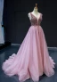 Haut de Gamme Perle Rose Robe De Soirée 2023 Princesse Col v profond Sans Manches Perlage Chapel Train Volants Dos Nu Robe De Ceremonie