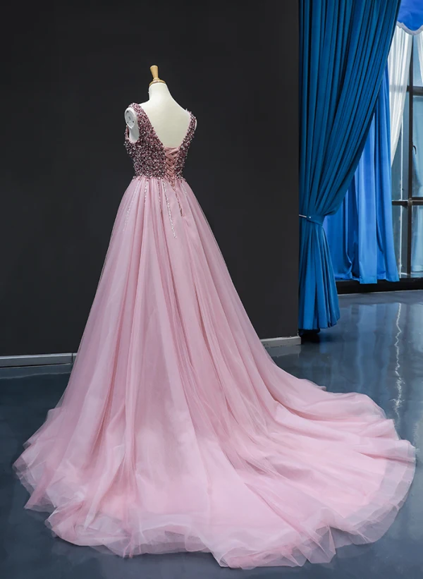 Haut de Gamme Perle Rose Robe De Soirée 2023 Princesse Col v profond Sans Manches Perlage Chapel Train Volants Dos Nu Robe De Ceremonie