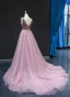 Haut de Gamme Perle Rose Robe De Soirée 2023 Princesse Col v profond Sans Manches Perlage Chapel Train Volants Dos Nu Robe De Ceremonie