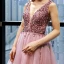 Haut de Gamme Perle Rose Robe De Soirée 2023 Princesse Col v profond Sans Manches Perlage Chapel Train Volants Dos Nu Robe De Ceremonie