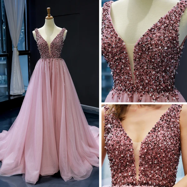 Haut de Gamme Perle Rose Robe De Soirée 2023 Princesse Col v profond Sans Manches Perlage Chapel Train Volants Dos Nu Robe De Ceremonie