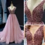 Haut de Gamme Perle Rose Robe De Soirée 2023 Princesse Col v profond Sans Manches Perlage Chapel Train Volants Dos Nu Robe De Ceremonie