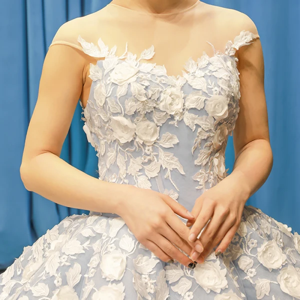 Flower Fairy Ocean Blue See-through Dancing Prom Dresses 2023 Ball Gown Scoop Neck Sleeveless White Appliques Flower Beading Floor-Length / Long Ruffle Formal Dresses