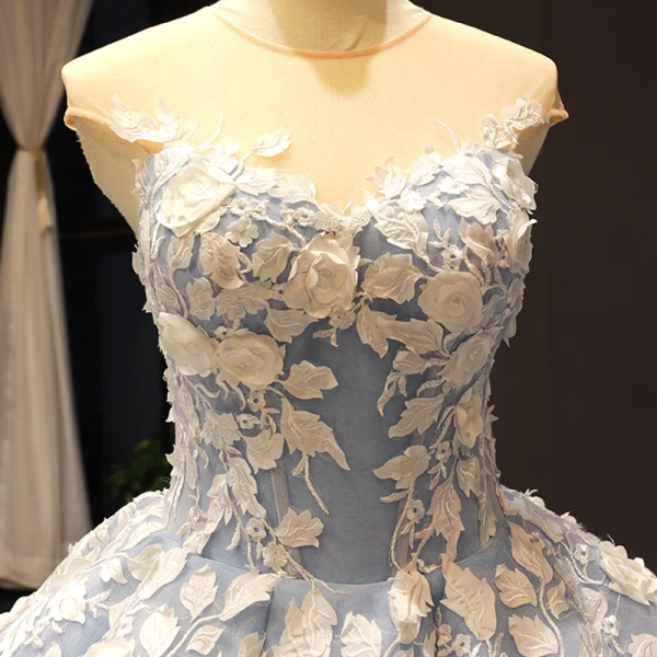 Flower Fairy Ocean Blue See-through Dancing Prom Dresses 2023 Ball Gown Scoop Neck Sleeveless White Appliques Flower Beading Floor-Length / Long Ruffle Formal Dresses