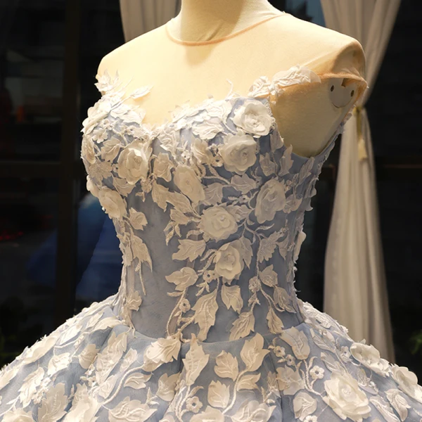 Flower Fairy Ocean Blue See-through Dancing Prom Dresses 2023 Ball Gown Scoop Neck Sleeveless White Appliques Flower Beading Floor-Length / Long Ruffle Formal Dresses