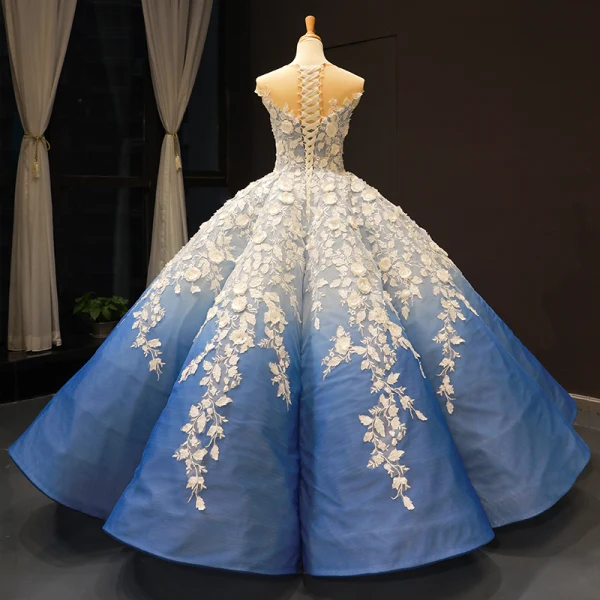 Flower Fairy Ocean Blue See-through Dancing Prom Dresses 2023 Ball Gown Scoop Neck Sleeveless White Appliques Flower Beading Floor-Length / Long Ruffle Formal Dresses