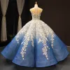 Flower Fairy Ocean Blue See-through Dancing Prom Dresses 2023 Ball Gown Scoop Neck Sleeveless White Appliques Flower Beading Floor-Length / Long Ruffle Formal Dresses