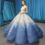 Flower Fairy Ocean Blue See-through Dancing Prom Dresses 2023 Ball Gown Scoop Neck Sleeveless White Appliques Flower Beading Floor-Length / Long Ruffle Formal Dresses