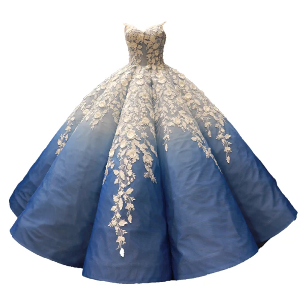 Flower Fairy Ocean Blue See-through Dancing Prom Dresses 2023 Ball Gown Scoop Neck Sleeveless White Appliques Flower Beading Floor-Length / Long Ruffle Formal Dresses