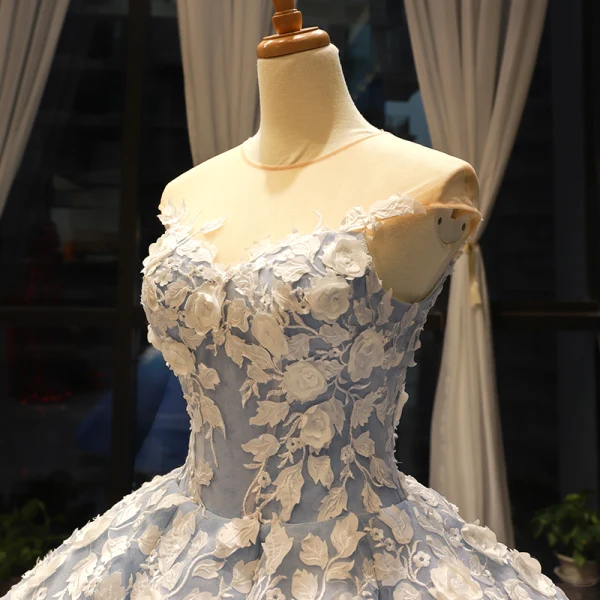 Flower Fairy Ocean Blue See-through Dancing Prom Dresses 2023 Ball Gown Scoop Neck Sleeveless White Appliques Flower Beading Floor-Length / Long Ruffle Formal Dresses