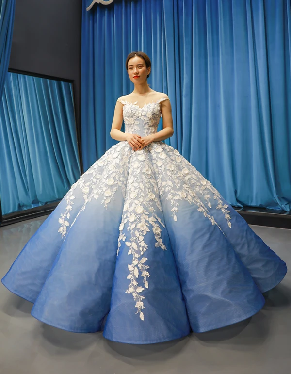 Flower Fairy Ocean Blue See-through Dancing Prom Dresses 2023 Ball Gown Scoop Neck Sleeveless White Appliques Flower Beading Floor-Length / Long Ruffle Formal Dresses