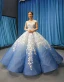 Flower Fairy Ocean Blue See-through Dancing Prom Dresses 2023 Ball Gown Scoop Neck Sleeveless White Appliques Flower Beading Floor-Length / Long Ruffle Formal Dresses