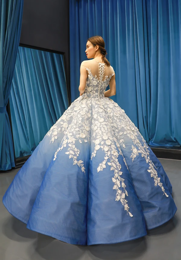 Flower Fairy Ocean Blue See-through Dancing Prom Dresses 2023 Ball Gown Scoop Neck Sleeveless White Appliques Flower Beading Floor-Length / Long Ruffle Formal Dresses