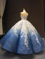 Flower Fairy Ocean Blue See-through Dancing Prom Dresses 2023 Ball Gown Scoop Neck Sleeveless White Appliques Flower Beading Floor-Length / Long Ruffle Formal Dresses