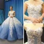 Flower Fairy Ocean Blue See-through Dancing Prom Dresses 2023 Ball Gown Scoop Neck Sleeveless White Appliques Flower Beading Floor-Length / Long Ruffle Formal Dresses