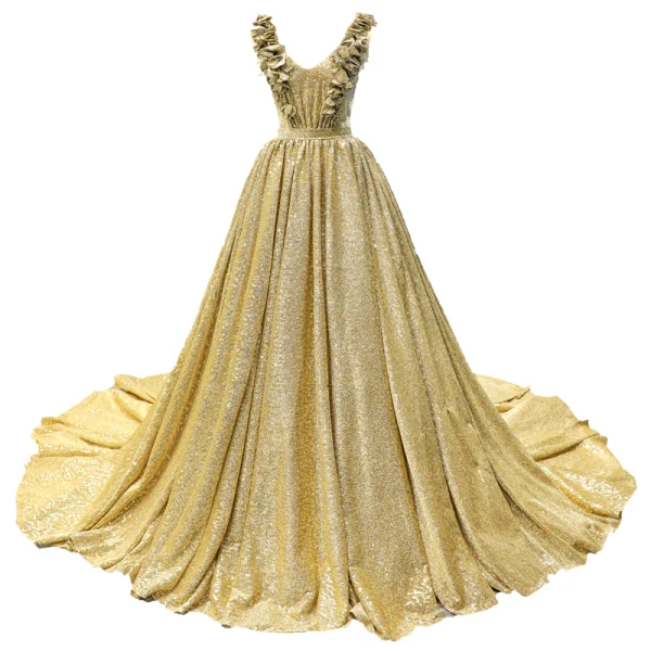 Scintillantes Doré Paillettes Robe De Soirée 2023 Princesse V-Cou Sans Manches Tribunal Train Volants Dos Nu Robe De Ceremonie
