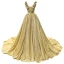 Scintillantes Doré Paillettes Robe De Soirée 2023 Princesse V-Cou Sans Manches Tribunal Train Volants Dos Nu Robe De Ceremonie
