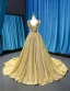 Scintillantes Doré Paillettes Robe De Soirée 2023 Princesse V-Cou Sans Manches Tribunal Train Volants Dos Nu Robe De Ceremonie