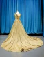 Scintillantes Doré Paillettes Robe De Soirée 2023 Princesse V-Cou Sans Manches Tribunal Train Volants Dos Nu Robe De Ceremonie