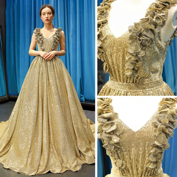 Scintillantes Doré Paillettes Robe De Soirée 2023 Princesse V-Cou Sans Manches Tribunal Train Volants Dos Nu Robe De Ceremonie