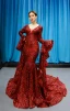 Fashion Burgundy Red Carpet Evening Dresses  2023 Trumpet / Mermaid Deep V-Neck Long Sleeve Bell sleeves Sequins Court Train Ruffle Backless Formal Dresses