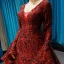 Fashion Burgundy Red Carpet Evening Dresses  2023 Trumpet / Mermaid Deep V-Neck Long Sleeve Bell sleeves Sequins Court Train Ruffle Backless Formal Dresses