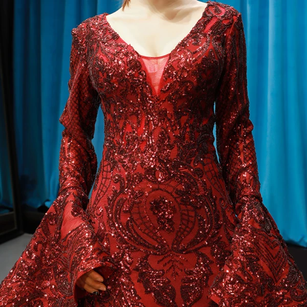Fashion Burgundy Red Carpet Evening Dresses  2023 Trumpet / Mermaid Deep V-Neck Long Sleeve Bell sleeves Sequins Court Train Ruffle Backless Formal Dresses